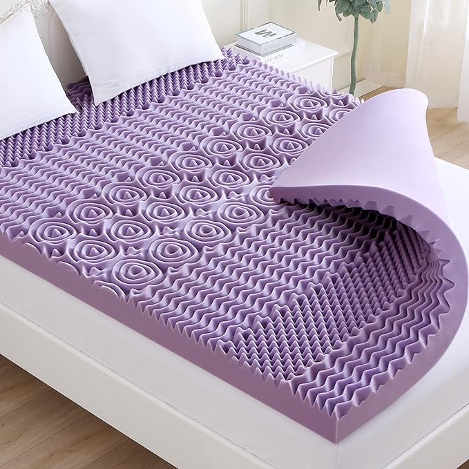 MUXHOMO 2 Inch 7-Zone Queen Mattress Topper, Egg Crate Foam Mattress Topper Queen Size for Back Pain, Lavender Cooling Gel Infused Bed Pad, CertiPUR-US and Oeko-TEX Certification (60"×80")