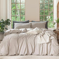 MooMee Bedding Duvet Cover Set 100% Washed Cotton Linen Like Textured Breathable Durable Soft Comfy (Solid Light Tan, King 104"x90")