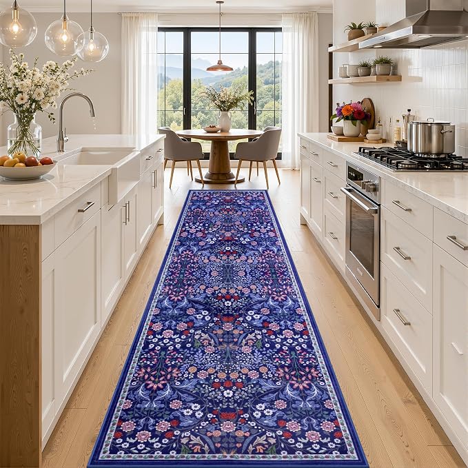 PLHXFR 2.6x14 Washable Runner Rug：Floral Indoor Kitchen Soft Carpet Blue | by PLHXFRSoftAreaRugs