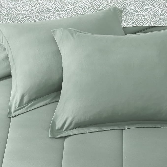 Monbix Full Comforter Set - 7 Pieces Sage Green Bed in a Bag Full Size Track Stitching Bedding Sets, All Seasons Down Alternative Comforter with Sheets,Pillowcases & Shams