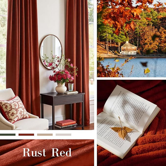 Lazzzy Velvet Blackout Curtains Thermal Insulated Room Window Drapes Super Soft Luxury Curtains for Living Room Bedroom Rod Pocket 2 Panels, Rust Red, 52" W x 84" L