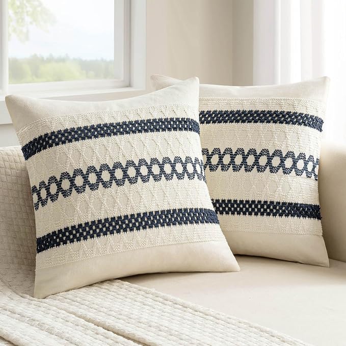 MIULEE Set of 2 Navy Blue Boho Decorative Pillow Covers 18x18 Inch | Farmhouse by MIULEE