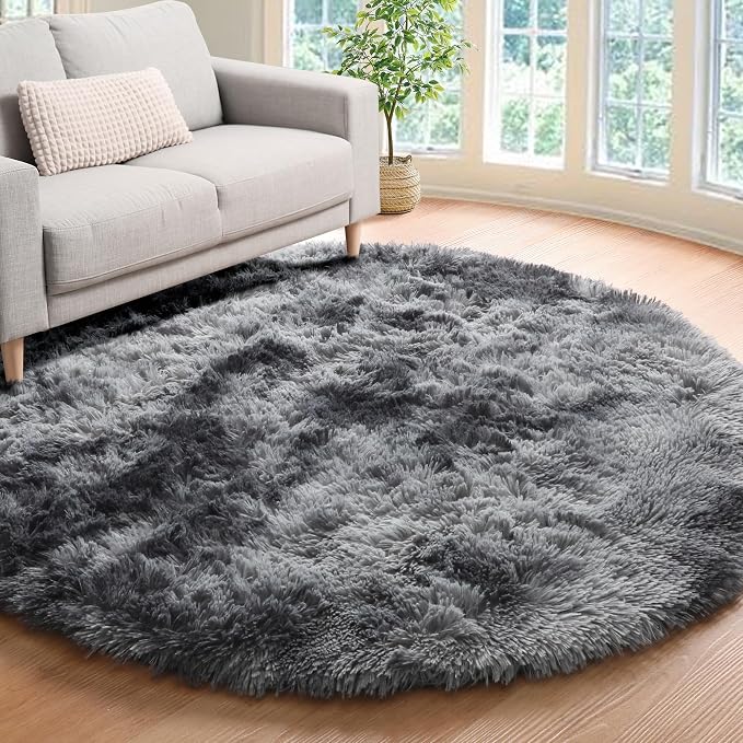 Round Rugs 6ft for Living Room Bedroom, Tie-Dyed Dark Grey Fluffy Circle Area - Image 8