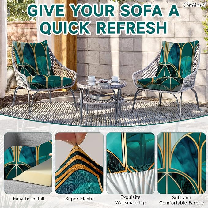 CALBODE 8Pcs Stretch Patio Cushion Cover, Art Deco Geometric Pattern Couch & - Image 5