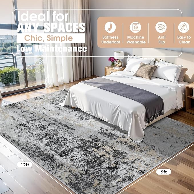 9x12 Area Rugs for Living Room Washable Bedroom Dining Room Black Grey Gold | - Image 2