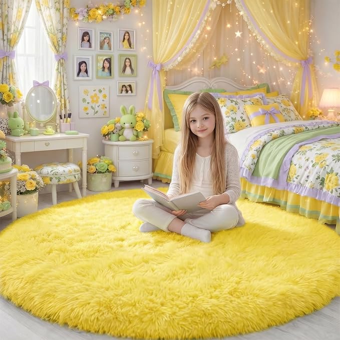 Amdrebio Yellow Round Plush Shag Area Rug 4Ft - Image 8