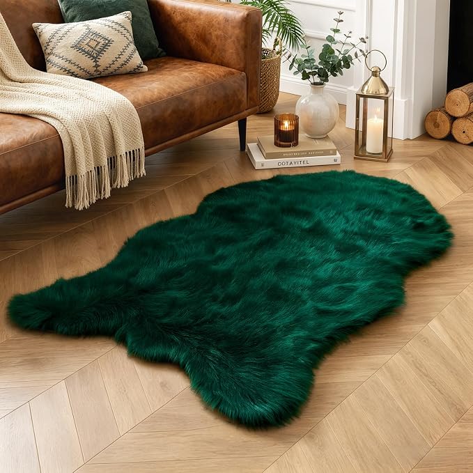 MIULEE Fluffy Area Rug 3'x5' Large Faux Fur Sheepskin Rug Dark Green | Luxury by MIULEE