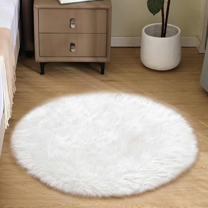 Goolela White Round Rug 3ft Fluffy Faux Sheepskin Fur Rug Small Circle Fuzzy by Goolela