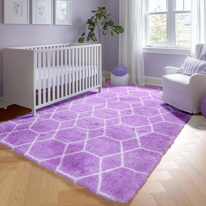 5x7 Area Rugs for Living Room Bedroom, Fluffy Purple and White Trellis Rug | - Image 8