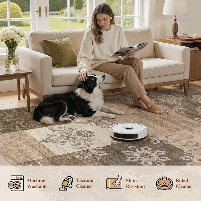UERMEI 9x12 Area Rug for Living Room, Washable Brown Modern Geometric Patchwork - Image 5