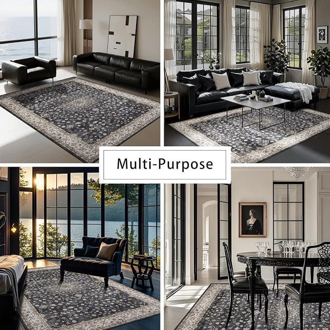8x10 Washable Area Rugs for Living Room, Dining Room- Classic Black | - Image 5
