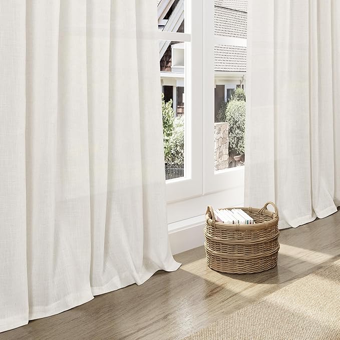 Beige White Linen Curtains for Living Room 94 Inches Long Back Tab and Rod - Image 5