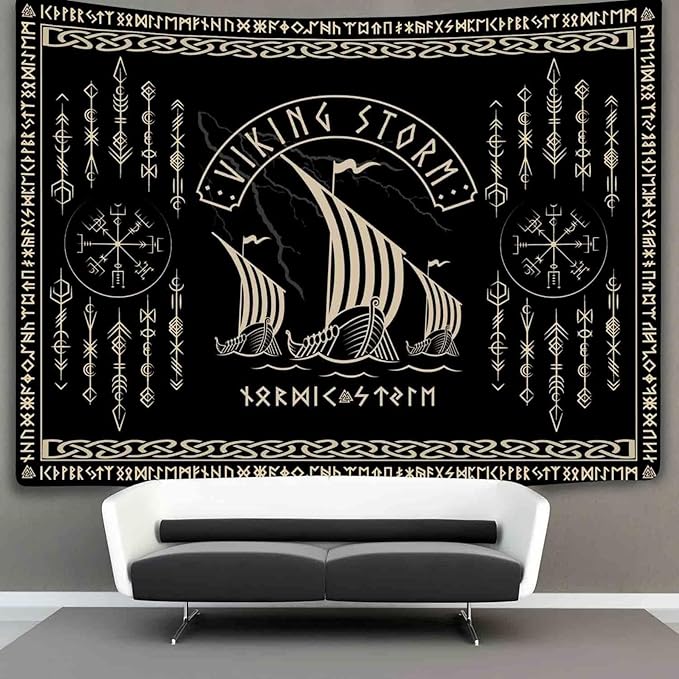 OSUNBD Viking Warship Tapestry Wall Hanging - Large 118x78 inches Storm & Celtic Runes on Soft Flannel Aesthetic Mythology Tapestries Norse Mythology Art for Bedroom, Living Room Decor