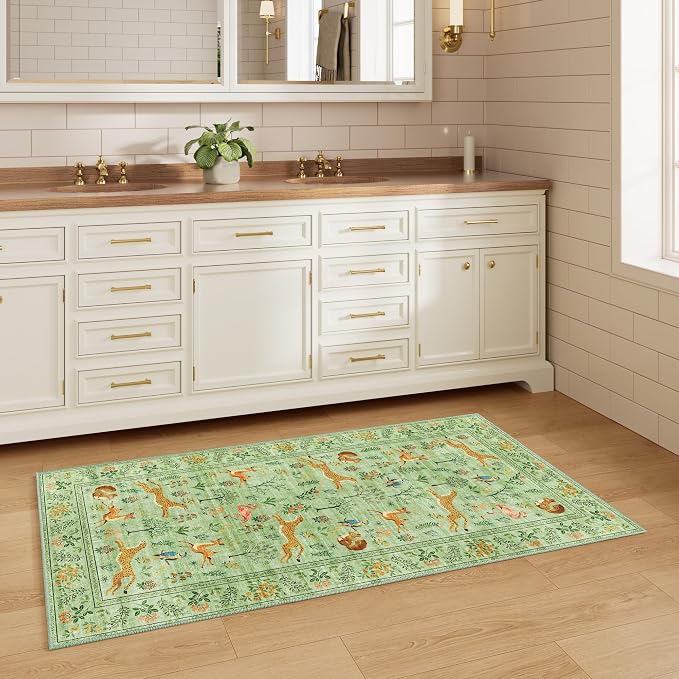 DUKINO 2x5 Rug for Hallway, Washable Animal Runner Rug Non Slip Light Green | - Image 6