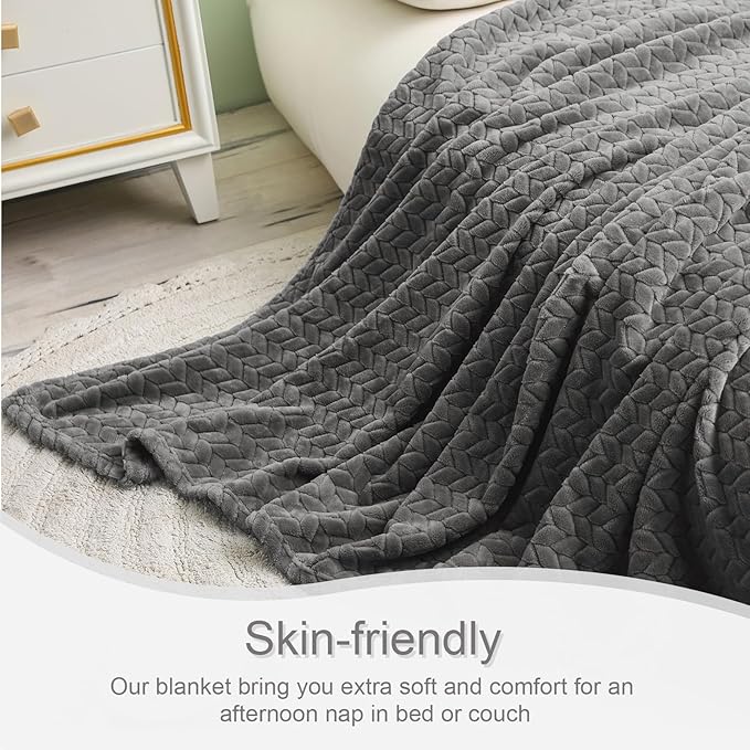 Exclusivo Mezcla Dark Grey Fleece Throw Blanket for Couch and Bed, 50x70 Inches Soft Cozy 3D Decorative Jacquard Flannel Blankets, Lightweight Fuzzy Plush Warm Throws for All Seasons
