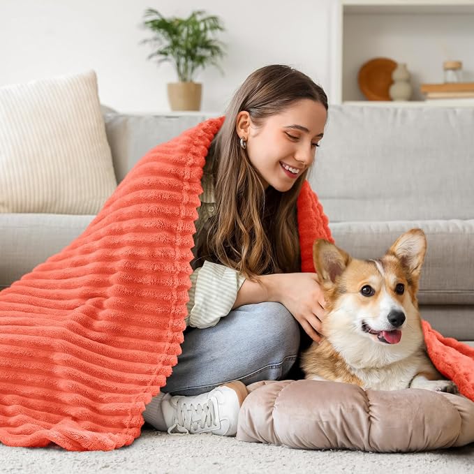 BEDELITE Ribbed Jacquard Coral Red Fleece Twin Blanket - Image 6