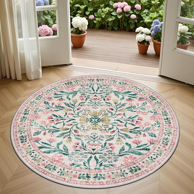 PLHXFR Round Area Rug Living Room: 4 ft Floral Washable Carpet Pink Green | - Image 2
