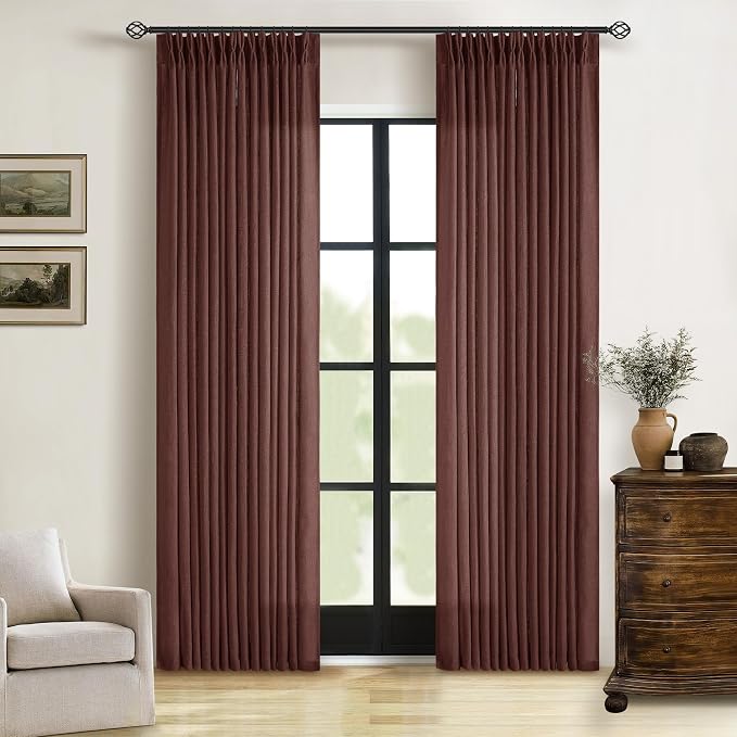 Dark Terracotta 80 Inch Pinch Pleated Linen Semi Sheer Curtains 2 Panels | by Twodrapes