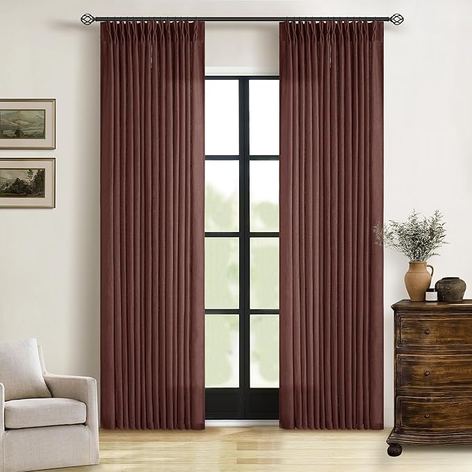 Chestnut Brown 84 Inch Pinch Semi Sheer Pleated Linen Curtains 2 Panel Set | by Twodrapes