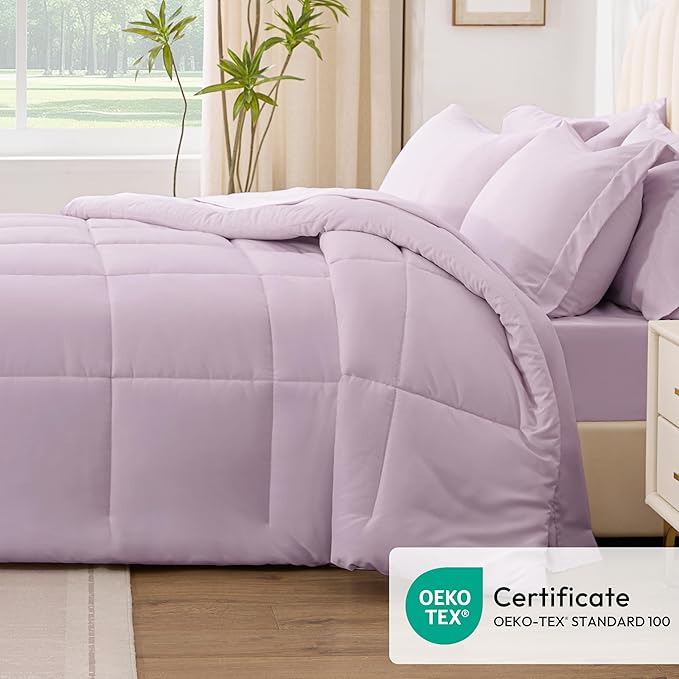 Love's cabin Queen Comforter Set Light Purple, 7 Pieces Queen Bed in a Bag, All Season Bedding Sets with 1 Comforter, 1 Flat Sheet, 1 Fitted Sheet, 2 Pillowcase and 2 Pillow Sham
