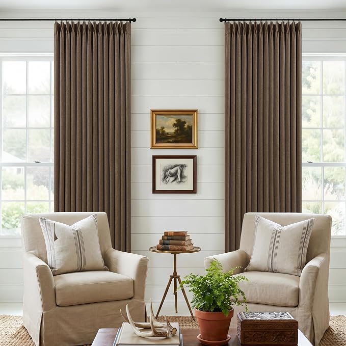 120 Inch Pinch Pleat Brown 100% Blackout Thick Linen Curtains - Image 9