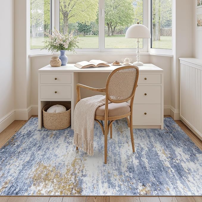 5x7 Area Rug for Living Room, Abstract Washable Non-Slip Rugs, Light Blue | - Image 6
