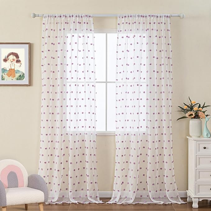 MYSKY HOME 108 Inch Curtains for Living Room Extra Long Purple Pom Pom Curtains for Bedroom 2 Sets Large White Sheer Curtains for Sliding Door Rod Pocket Backdrops Window Drapes 52 x 108 in