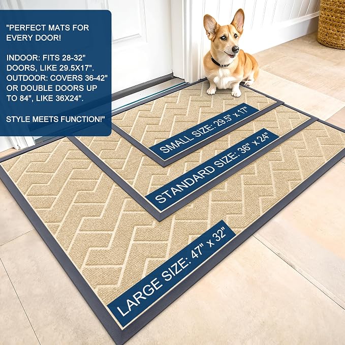 OLANLY Front Door Mat Outside 59x23, All-Season Absorbent Rubber Doormat | Beige - Image 2