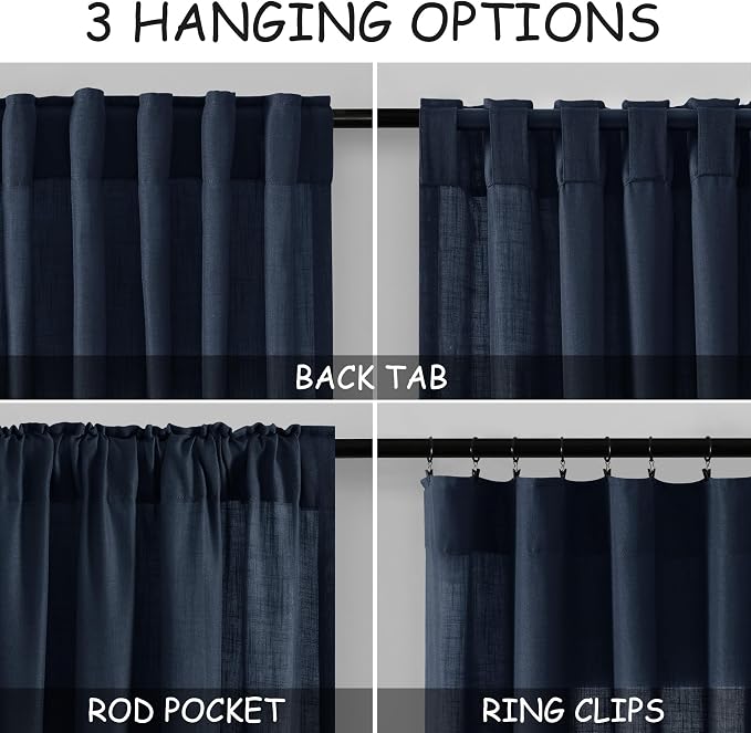Navy Blue Linen Curtains 63 Inches Length 2 Panels Set - Image 3