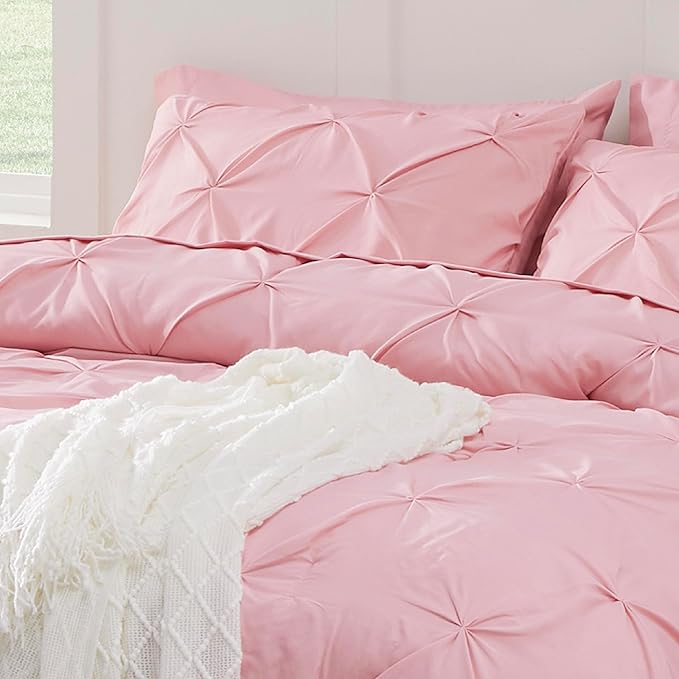 Bedsure Queen Comforter Set Baby Pink - Bed in a Bag Queen Size Bedding 7 Pieces, GentleSoft™ Pintuck Bed Set Gift for Family, Pinch Pleat All Season Comforter with Sheets, Pillowcases & Shams