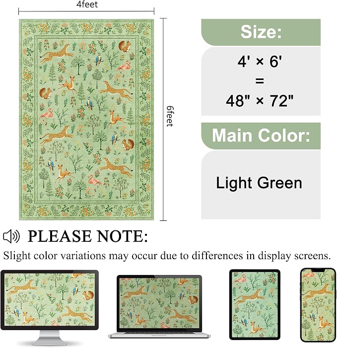 DUKINO 4x6 Area Rug, Non Slip Animal Washable Living Room Rug, Light Green | - Image 2