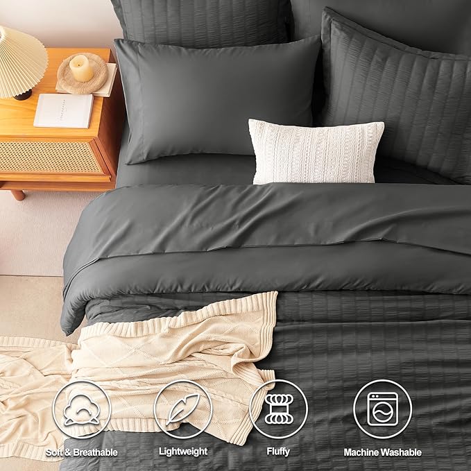 CozyLux Oversized King Comforter Set Dark Grey Seersucker 7 Pieces 120x98 Bed in a Bag Comforter Set with Sheets, Luxury Soft Bedding Sets with Down Alternative Comforter, Sheets, Pillowcases & Shams