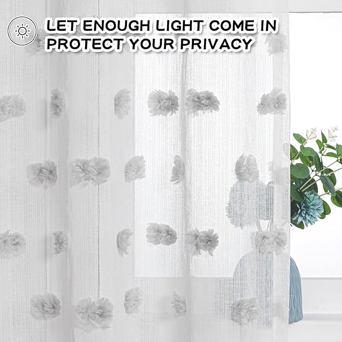 MYSKY HOME Grey Curtains for Bedroom Windows 2 Panels Pom Pom Sheer Curtains 84 Inch Long for Living Room Nursery Kids Room Rod Pocket Boho Farmhouse Dining Room Window Drape 52 x 84 inch