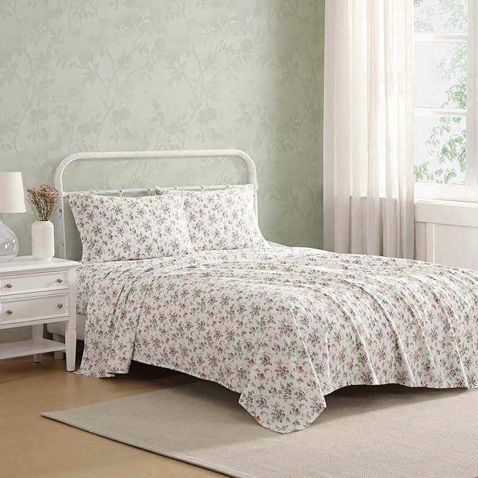 Laura Ashley - Flannel Sheets Full Size, Anti-Pilling & Wrinkle Resistant Cotton, Touchably Soft for All-Season Comfort - Bed Sheets with Matching Pillowcases & Fitted Sheet (Le Fleur Pink)