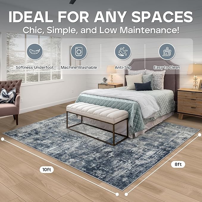 8x10 Area Rugs for Living Room Bedroom Dining Room Washable Blue Grey | Soft - Image 2