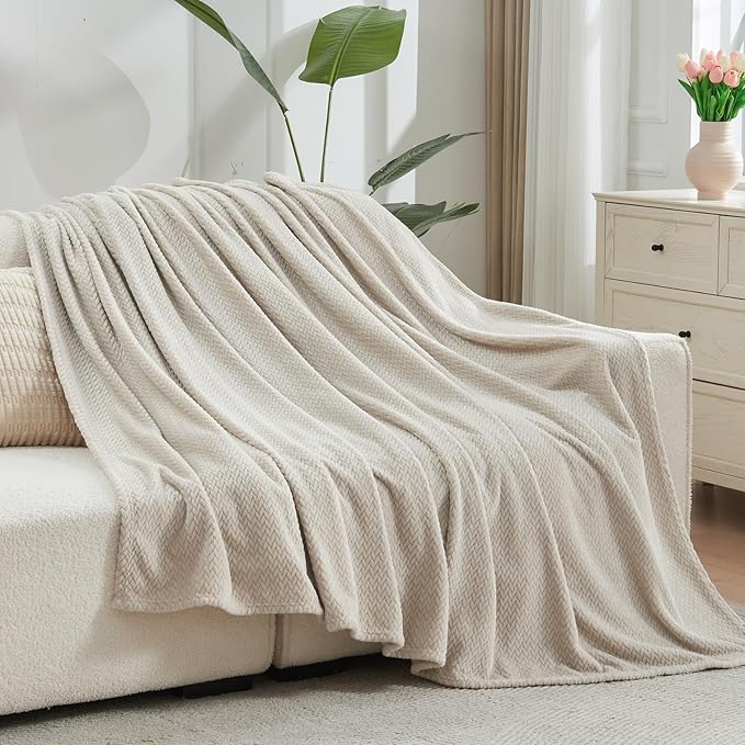 NEWCOSPLAY Super Soft Throw Blanket Linen Premium Silky Flannel Fleece Leaves Pattern Lightweight Bed Blanket All Season Use (Linen, Throw(50"x60"))