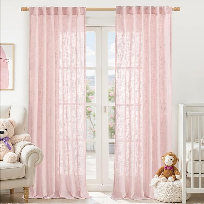 Pink Linen Curtains for Living Room 96 Inch, Light Filtering Panels | Semi Sheer by LAMIT