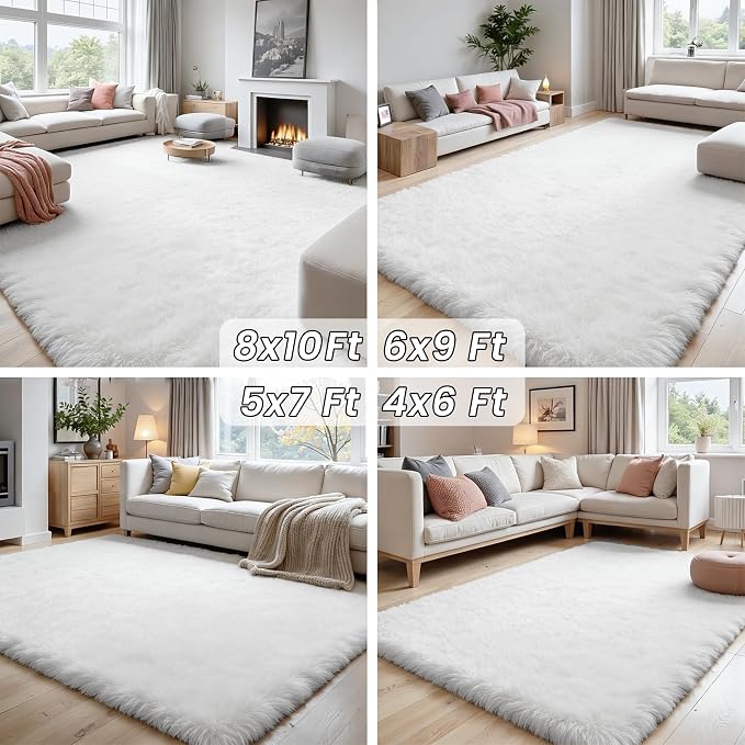 5x8 Fluffy Shag Area Rugs for Living Room Bedroom: Soft Plush Carpet White | - Image 7