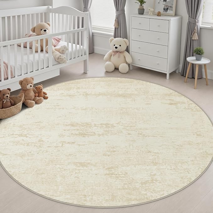 Round Area Rug Living Room: 8 ft Modern Washable Carpet Taupe | - Image 5