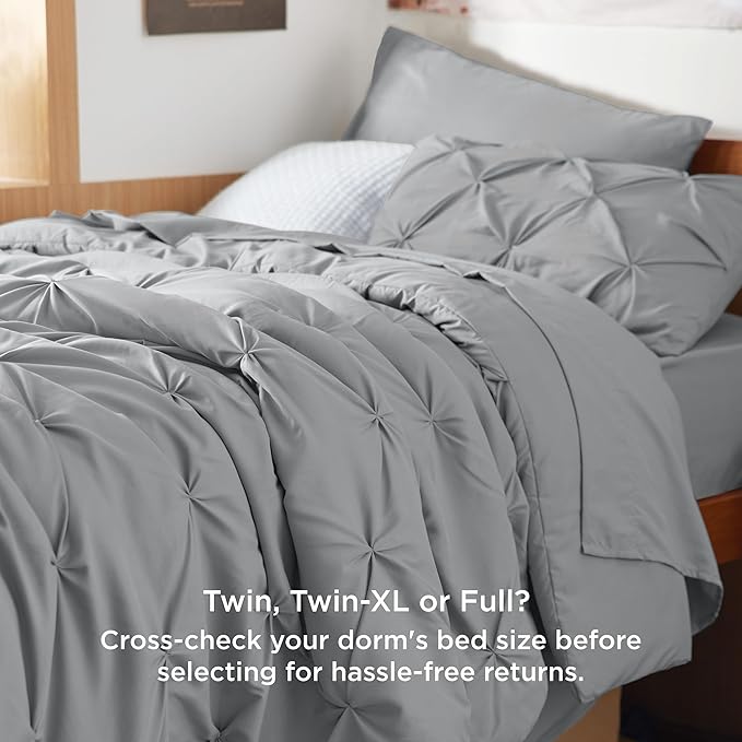 Bedsure Twin Comforter Set Grey - Bed in a Bag Twin Size Bedding 5 Pieces, GentleSoft™ Pintuck Bed Set Gift for Family, Pinch Pleat Grey Comforter with Sheets, Pillowcase & Sham