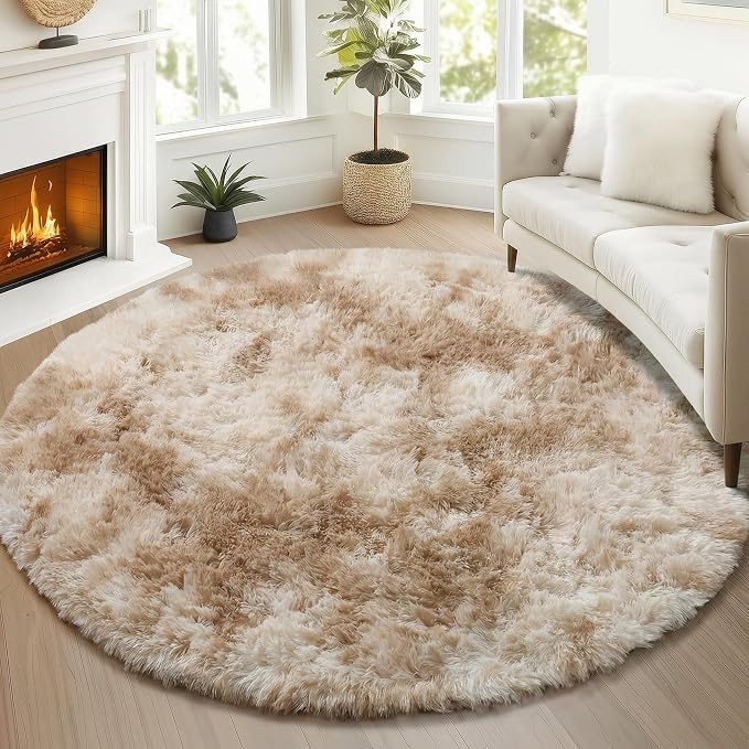 Tie-Dye Beige Round Area Rugs 5ft, Soft Bedroom Circle Rug Floor Mats - Image 5