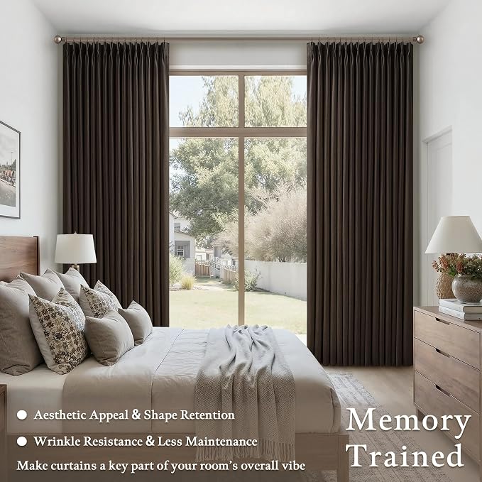 90 Inch Dark Chocolate Linen Pinch Pleat Memory Shaped Semi Sheer Curtains | - Image 6