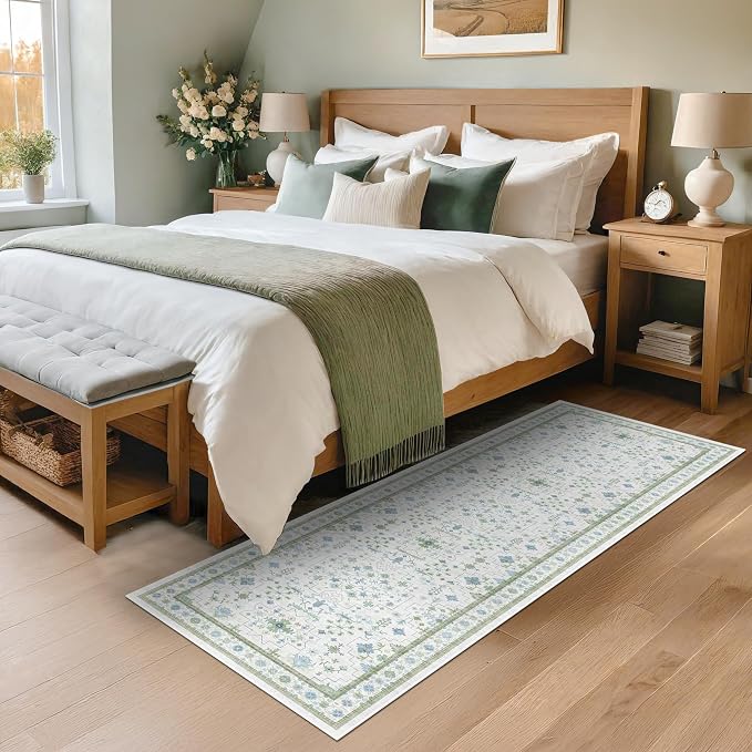 Washable Oushak 2x6 Bathroom Runner Rug, Eclectic Boho Floral Pastel, Non Slip - Image 3