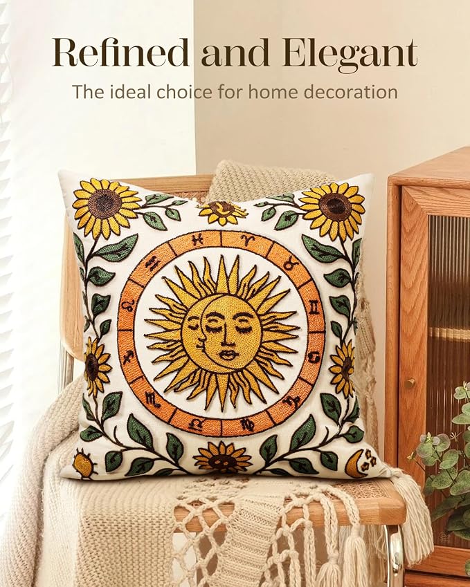 Embroidered Throw Pillow Cover 18x18 Inch, Sunflower Moon | Decorative Pillow - Image 5