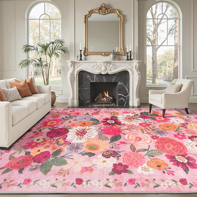 Pink Floral Area Rug 6x9 for Living Room Bedroom | Ultra-Thin; Easy Clean; Non - Image 7