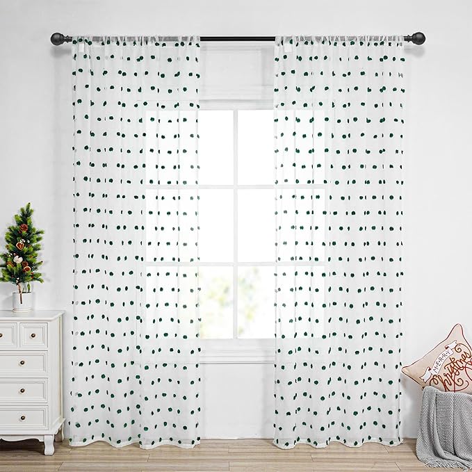 MYSKY HOME 84 Inch Long Christmas Curtains for Living Room Hunter Green Pom Pom Curtains for Bedroom White Sheer Nursery Curtains for Kids Room Rod Pocket Privacy Windows Drapes 52" x 84" 2 Panels