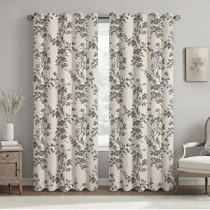 Black Boho Floral 100% Blackout Curtains 84 Inch 2 Panels | Farmhouse Vintage - Image 2