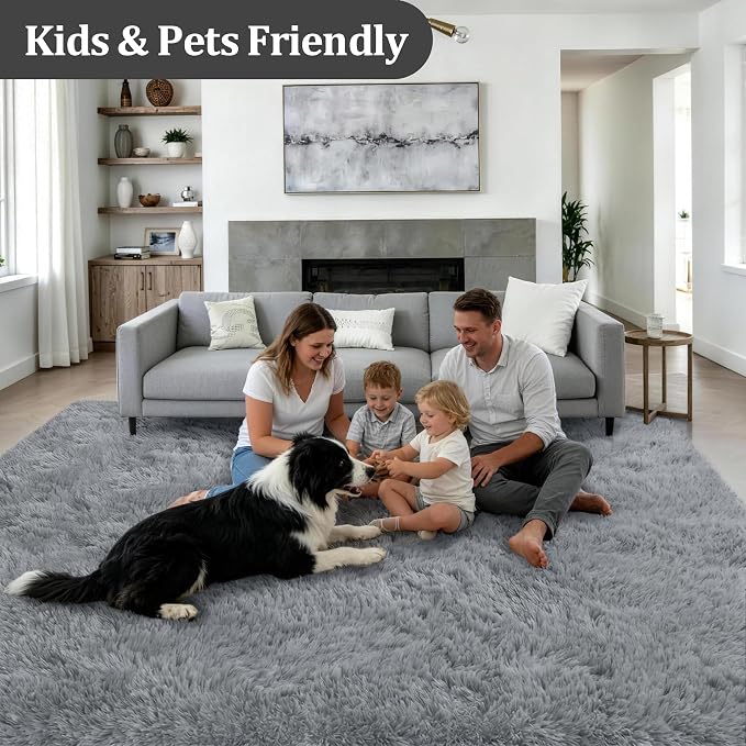Area Rug Living Room Bedroom: 5x7 Fluffy Plush Shag Carpet Gray | - Image 4