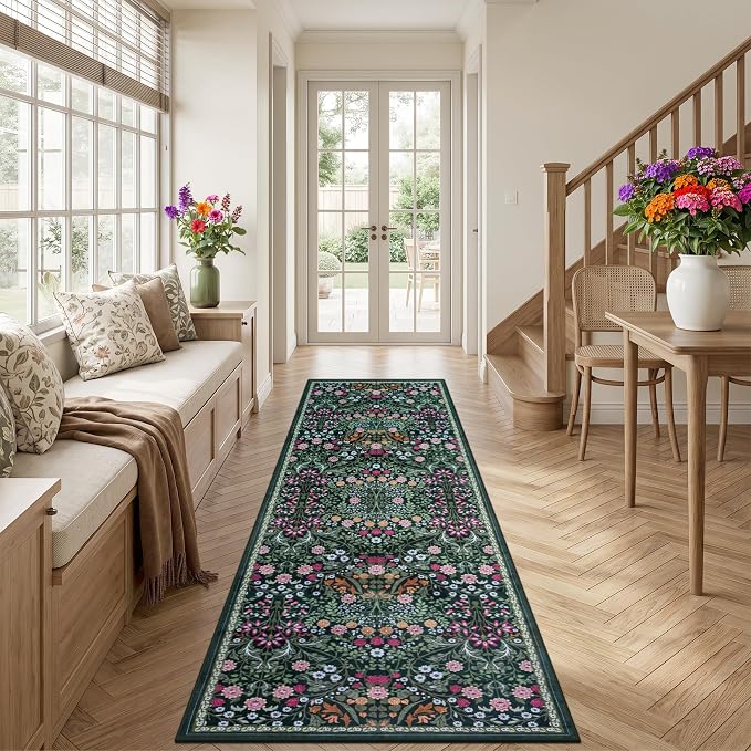 PLHXFR 3x10 Washable Runner Rug：Floral Indoor Kitchen Carpet Dark Green | - Image 3