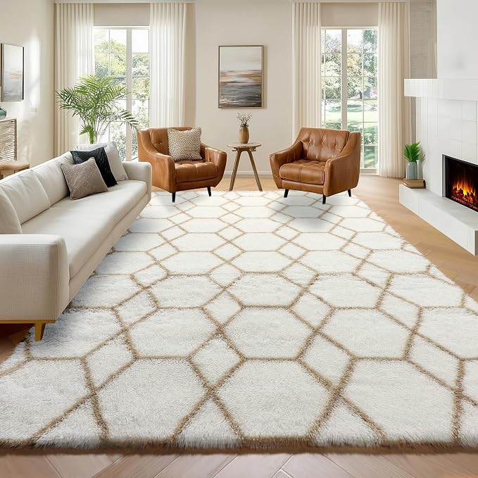 7x9 Area Rugs for Living Room Bedroom, Fluffy White and Beige Geometric Rug | by ONASAR